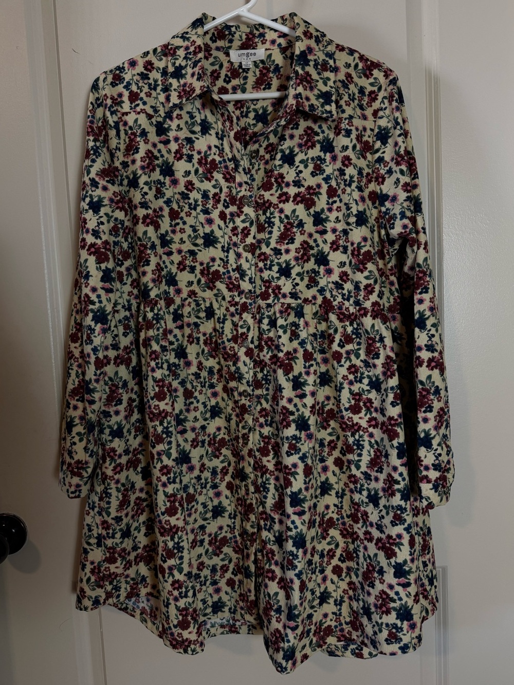 Umgee Cream Floral Long Sleeve Corduroy Dress with Burgundy and Navy Flowers